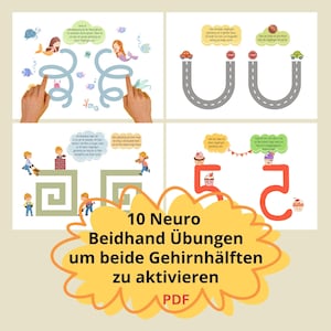 May include: A set of educational activity sheets titled 10 Neuro Beidhand Übungen um beide Gehirnhälften zu aktivieren PDF, featuring exercises with mermaids, cars on roads, construction workers, and cupcakes to practice bilateral hand coordination.