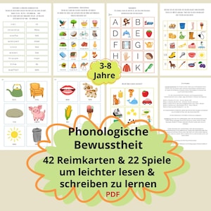 Könnte beinhalten: Eine Sammlung von pädagogischen Arbeitsblättern für Kinder mit Übungen zur phonologischen Bewusstheit, Reimkarten und Anlaut-Spielen, illustriert mit bunten Bildern von Tieren, Gegenständen und Lebensmitteln, mit dem Titel Phonologische Bewusstheit.