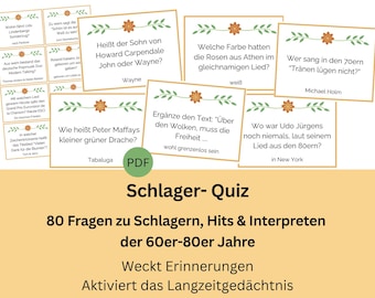 Schlagerquiz 80 Quizfragen Seniorenspiel, Schlager 60er 70er 80er, Gedächtnistraining, Senioren,  Erinnerungsspiel, deutsch, digital, PDF