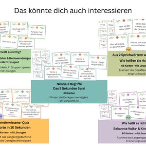 May include: A collage of colourful cards with German text. The cards are for different games and quizzes, including a memory game, a 5-second game, a general knowledge quiz, and a game about German proverbs. The cards are designed to be used for learning and entertainment.