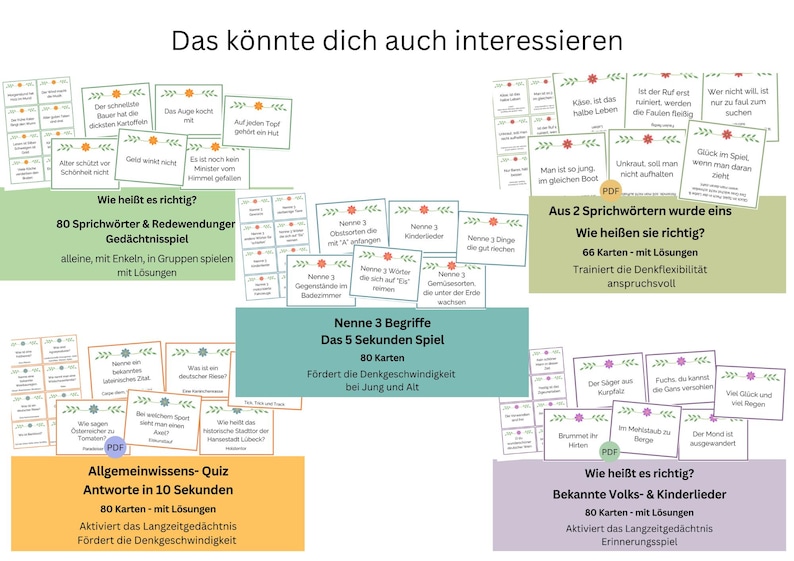 May include: A collage of colourful cards with German text. The cards are for different games and quizzes, including a memory game, a 5-second game, a general knowledge quiz, and a game about German proverbs. The cards are designed to be used for learning and entertainment.