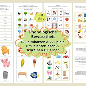 以下が含まれることがあります： 3〜8歳向けの、カラフルなイラストとテキストが特徴の教育用PDF。フラッシュカードやゲームが含まれており、「Phonologische Bewusstheit」と「42 Reimkarten & 22 Spiele um leichter lesen & schreiben zu lernen」の文字があります。