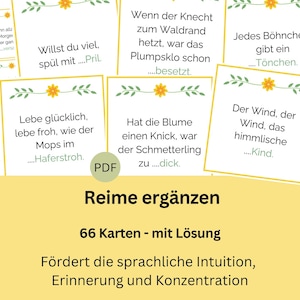 May include: 66 cards with colourful floral borders and German text. The cards feature rhyming phrases with missing words. The text on the cards reads "Reime erg&auml;nzen" and "66 Karten - mit L&ouml;sung".