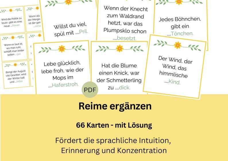 May include: 66 cards with colourful floral borders and German text. The cards feature rhyming phrases with missing words. The text on the cards reads "Reime erg&auml;nzen" and "66 Karten - mit L&ouml;sung".