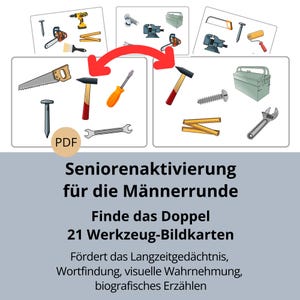 Könnte beinhalten: Ein Set aus 21 ausdruckbaren Bildkarten zum Thema Werkzeug mit Illustrationen von Hämmern, Sägen, Schraubendrehern, Schraubenschlüsseln, Nägeln und Werkzeugkästen. Die Karten zeigen rote Pfeile für ein Suchspiel und tragen den Text PDF.