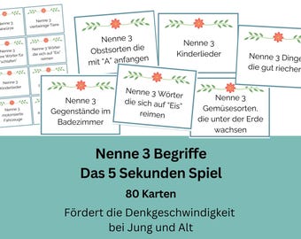 Seniorenspiel Nenne 3 Begriffe in 5 Sekunden, Gedächtnistraining & Aktivierung, Reaktionsspiel für Senioren, Familie, deutsch, digital, PDF