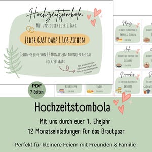 Könnte beinhalten: Ein Hochzeitsspiel mit dem Text "Hochzeitstombola" und "12 Monatseinladungen". Das Design hat ein hellgrünes und orangefarbenes Farbschema mit Herzen und kleinen Illustrationen. Perfekt für kleine Feiern.