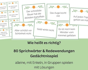 Senioren Spiel Gedächtnisspiel, Erinnerungsspiel, Aktivierungsspiel, Redewendungen Sprichwörter, deutsch, digital, PDF, zum ausdrucken