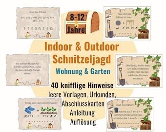 May include: A promotional image for an indoor and outdoor scavenger hunt game for ages 8-12. The design features treasure chests, clues, and the text "Indoor & Outdoor Schnitzeljagd Wohnung & Garten". Includes 40 clues, templates, certificates, and instructions.