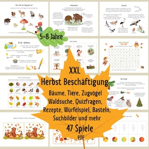 May include: Educational printables for children aged 5-8, featuring autumn-themed activities. The image includes illustrated worksheets with animals, trees, and games, with text in German. A large, orange leaf graphic is central to the design.
