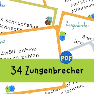 Puede incluir: Un conjunto de 34 tarjetas de trabalenguas con una ilustración de un caracol verde y el texto "34 Zungenbrecher".