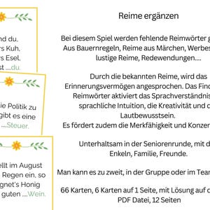 May include: A set of 66 cards for a German language rhyming game. The cards feature yellow flowers and green leaves. The game is designed to improve memory, language comprehension, and creativity. The text on the cards reads "Reime erg&auml;nzen" which translates to "Complete the rhymes".