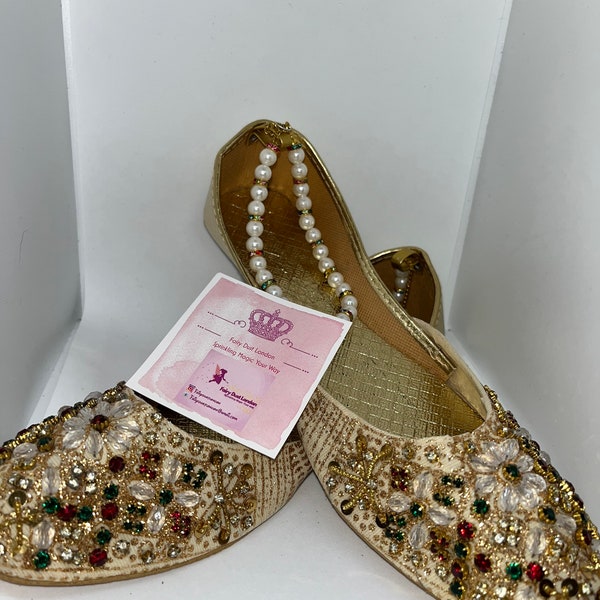 Gold Khussa Jutti Mojri Flats with anklets UK 3-4-5
