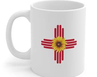 New Mexico Zia Symbol & Sunflower 11oz Coffee Mug - Southwestern Charm for Your Daily Brew!"