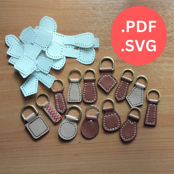 13 Keychain pattern, Leather Taps Pattern, Taps for D-rings, SVG to resize, connector for Shoulder/Crossbody Strap, Key Fob Template in PDF