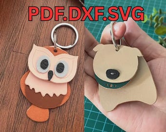 Leather Owl & Dog Keychain Pattern | Key Fob Template | PDF SVG DXF Digital Download