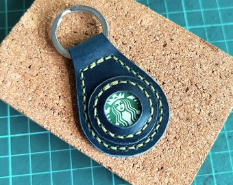 Leather starbucks keychain, handmade leather keychain, DIY keyfob with recycled materials, beautiful keychain, classic keyfob