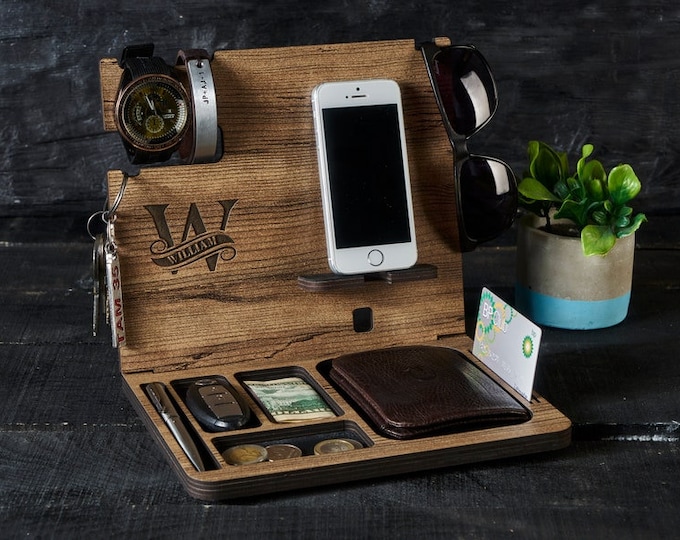 personalized wooden organizer, mens custom wallet stand, wood docking station, wood phone holder, personalized valentines day gift for men
