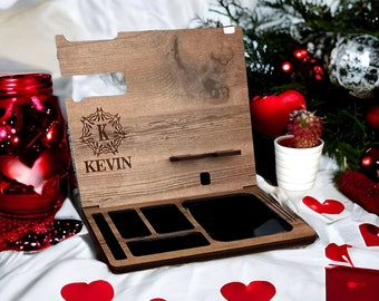 Valentinstag Geschenk personalisierte Docking Station, benutzerdefinierte Brieftasche für Freund, Holz Schreibtisch Organizer, Telefon Halter, New Job Gif