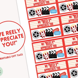 Naprawdę doceniamy Twój prezent Etykieta filmowa Podziękowanie Pobierz plik PDF do wydrukowania Etykiety prezentowe dla miłośników filmów Prezenty popcornu Etykiety prezentowe do kina Podziękowanie