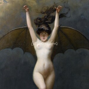 May include: A painting of a woman with dark hair and wings, flying through a stormy sky. The woman is nude and has a worried expression on her face.