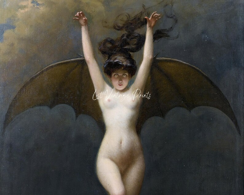 May include: A painting of a woman with dark hair and wings, flying through a stormy sky. The woman is nude and has a worried expression on her face.