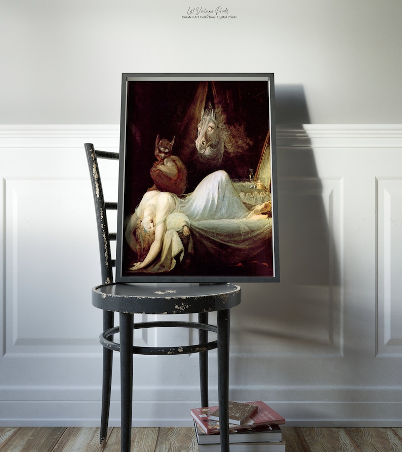 May include: A framed painting depicting a woman sleeping in a bed with a demonic figure hovering over her. The painting is set in a dark room with a single candle illuminating the scene.