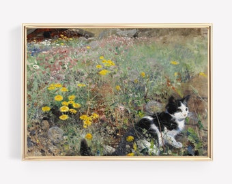 Vintage Katze Druck: Bruno Liljefors Malerei, Wildblumenwiese (Druckbare Kunst)