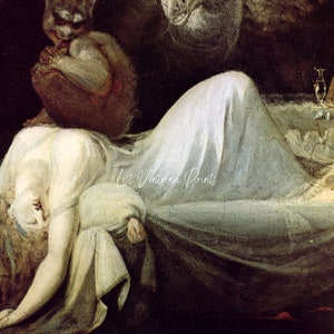 May include: A painting depicting a woman lying on a bed, with a small, furry creature sitting on her shoulder. The woman is wearing a white gown and the creature is brown and white. The painting is set in a dark room with a mirror and other objects in the background.