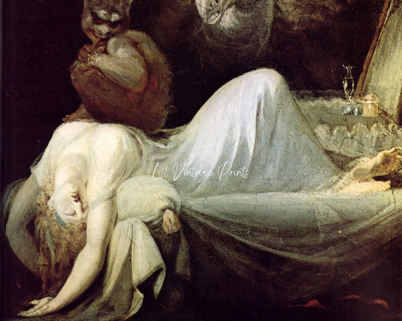 May include: A painting depicting a woman lying on a bed, with a small, furry creature sitting on her shoulder. The woman is wearing a white gown and the creature is brown and white. The painting is set in a dark room with a mirror and other objects in the background.