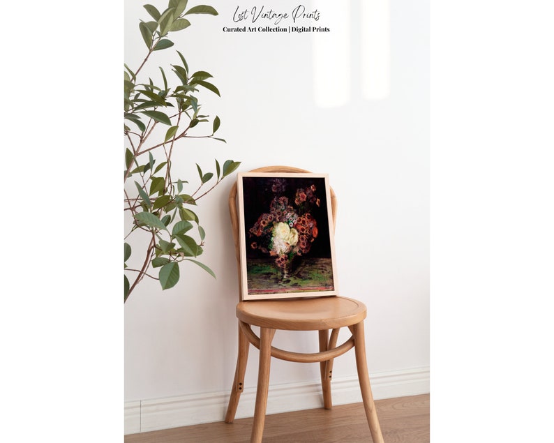 May include: A framed print of a still life painting featuring a bouquet of red, white, and pink flowers in a vase. The flowers are arranged in a vase on a green table. The background is dark.