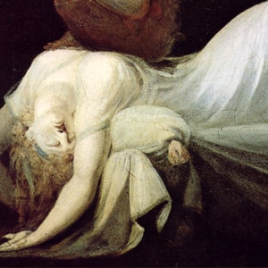 May include: A woman in a white gown is lying on the ground, her head resting on her arm. Her face is obscured by her hair, but her body is visible. The painting is done in a realistic style, with a focus on the woman's form.