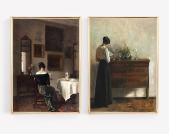 Dark Academia Art Prints Set: Victorian Woman, Moody Antique Portrait (Printable Art)