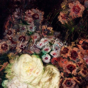 May include: A vintage oil painting of a bouquet of flowers. The flowers are mostly red and white, with some green leaves. The painting is done in a realistic style, with visible brushstrokes.