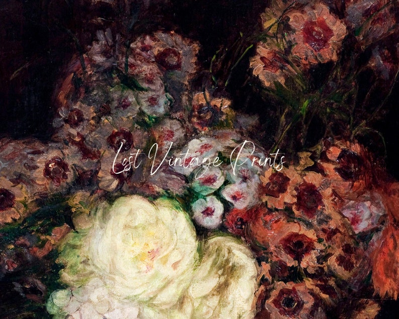 May include: A vintage oil painting of a bouquet of flowers. The flowers are mostly red and white, with some green leaves. The painting is done in a realistic style, with visible brushstrokes.