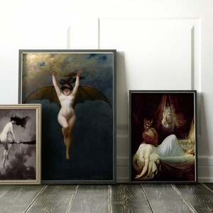 May include: Three framed paintings depicting women in various poses. The leftmost painting shows a woman with long dark hair flying on a broomstick. The middle painting shows a woman with wings flying through the air. The rightmost painting shows a woman sleeping in a bed with a demon figure standing over her.