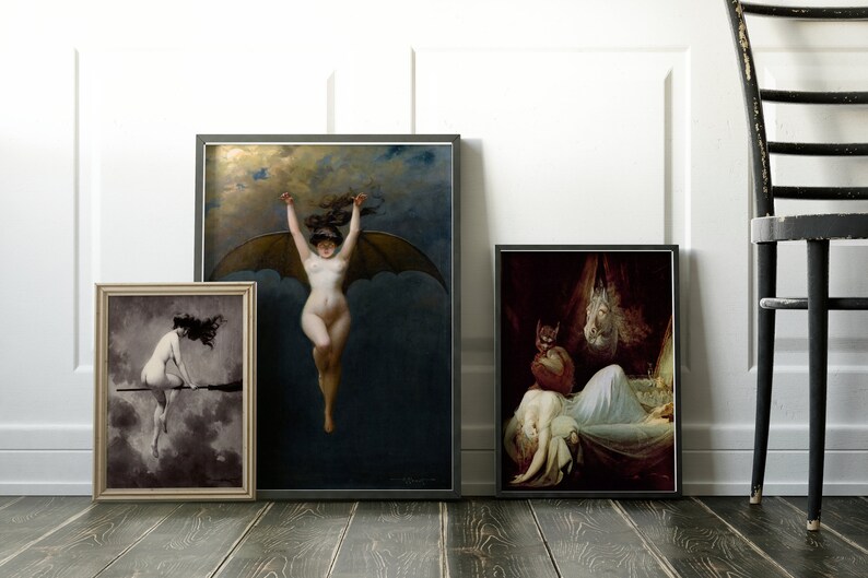 May include: Three framed paintings depicting women in various poses. The leftmost painting shows a woman with long dark hair flying on a broomstick. The middle painting shows a woman with wings flying through the air. The rightmost painting shows a woman sleeping in a bed with a demon figure standing over her.