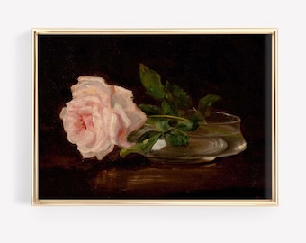 ヴィンテージローズ油絵：花の静物画アートプリント（デジタルダウンロード）