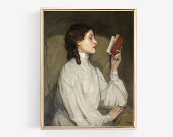 Vintage Portrait, Antique Decor, Vintage Art Prints, Book Lover Gift, Victorian Painting, Dark Academia, Woman Oil Painting, PRINTABLE ART