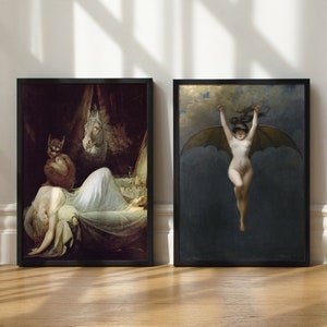 May include: Two framed paintings depicting scenes from mythology. The first painting shows a woman sleeping in a bed with a demon figure standing over her. The second painting shows a woman with wings flying through the air.