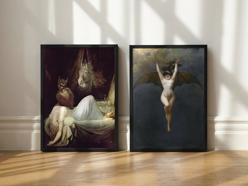 May include: Two framed paintings depicting scenes from mythology. The first painting shows a woman sleeping in a bed with a demon figure standing over her. The second painting shows a woman with wings flying through the air.