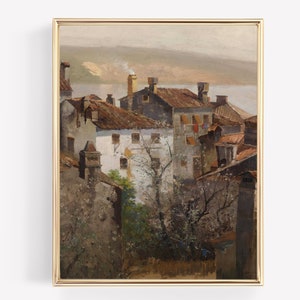 Europe Antique Oil Painting, Vintage Art Print, Village Painting, Antique Wall Art, Antique Decor, Oil Painting, Cityscape Art,PRINTABLE ART