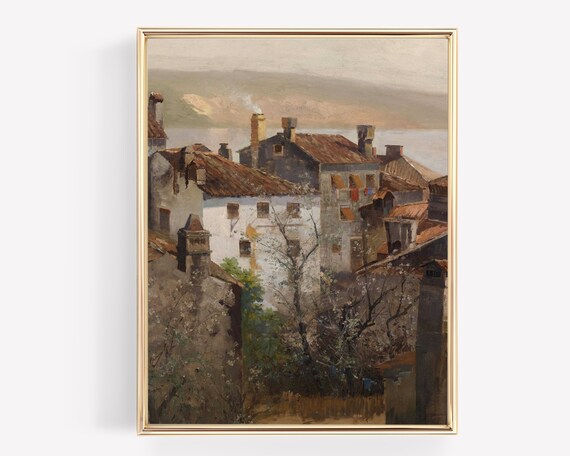 Antique German Village Oil Painting: Vintage Cityscape Art (Printable Art)