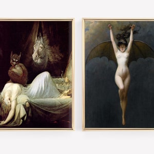 May include: Two framed paintings depicting scenes from a gothic horror story. The first painting shows a woman lying in bed with a demon and a horse's head hovering over her. The second painting shows a woman with bat wings flying through the air.