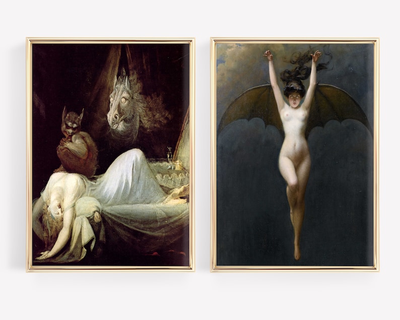 May include: Two framed paintings depicting scenes from a gothic horror story. The first painting shows a woman lying in bed with a demon and a horse's head hovering over her. The second painting shows a woman with bat wings flying through the air.
