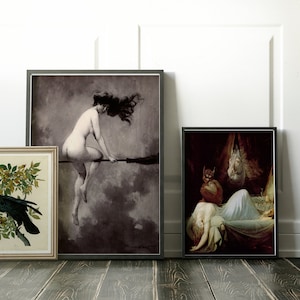 May include: Three framed art prints hanging on a white wall. The leftmost print features a black raven perched on a branch with yellow flowers. The center print shows a woman with long dark hair flying on a broomstick. The rightmost print depicts a woman lying in bed with a demon figure standing over her.