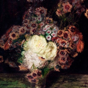 May include: A still life oil painting of a bouquet of flowers in a vase. The flowers are mostly white and pink with some red and yellow accents. The background is dark.
