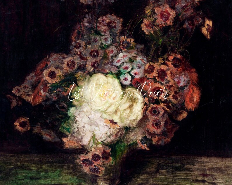 May include: A still life oil painting of a bouquet of flowers in a vase. The flowers are mostly white and pink with some red and yellow accents. The background is dark.
