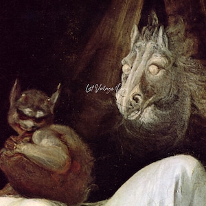 May include: A painting depicting a dark, shadowy figure with a horse's head and a small, grotesque creature with large ears and a pointed head. The creature is sitting on a white surface, while the horse-headed figure is partially obscured by darkness.