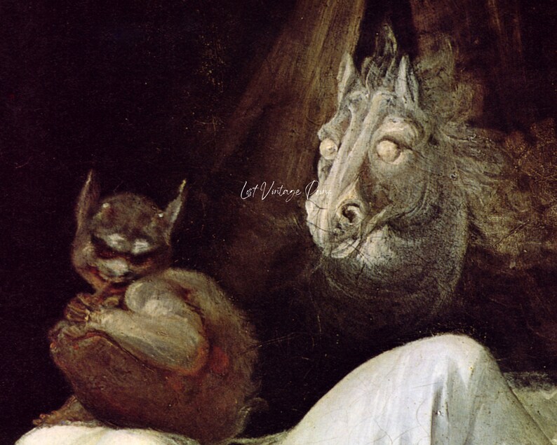 May include: A painting depicting a dark, shadowy figure with a horse's head and a small, grotesque creature with large ears and a pointed head. The creature is sitting on a white surface, while the horse-headed figure is partially obscured by darkness.